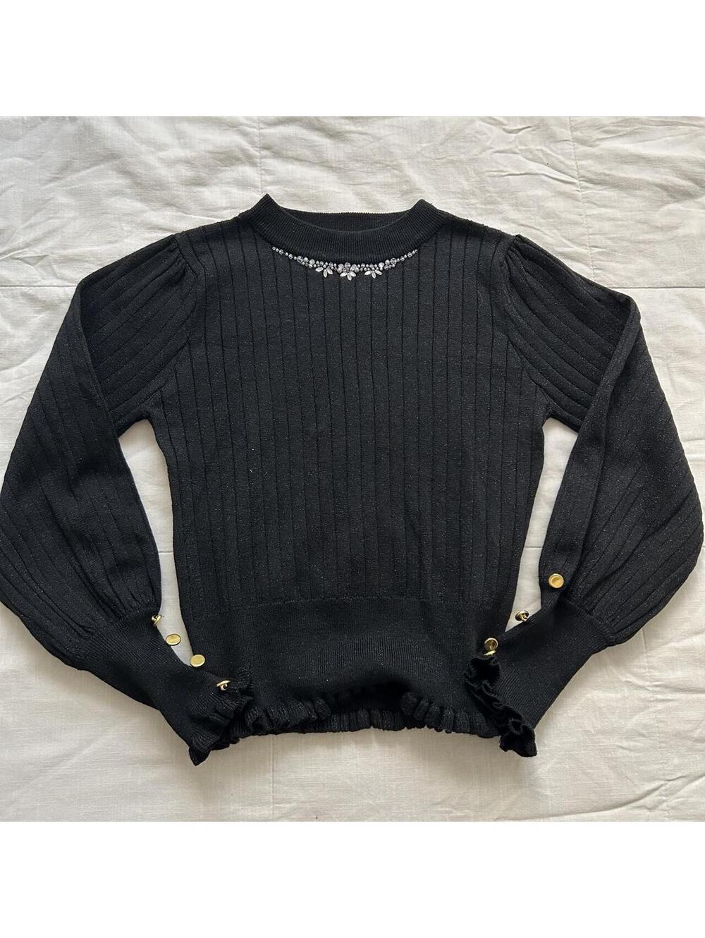 Axes Femme Black Crystal Neck Ribbed Knit Sweater Size M Japan
